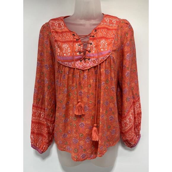 Lucky Brand Floral Lace Up Multi Long Sleeve Peasant Top Blouse Sz S - Picture 1 of 7